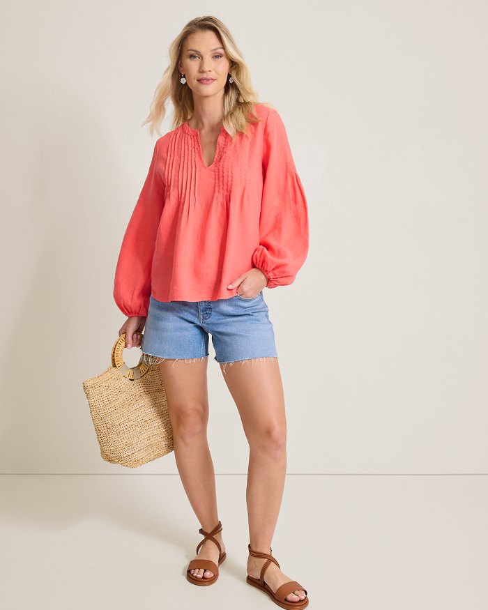 Coastalina Linen Pintuck Peasant Top