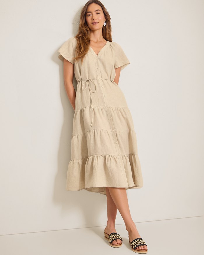 Coastalina Linen Tiered Shirt Dress