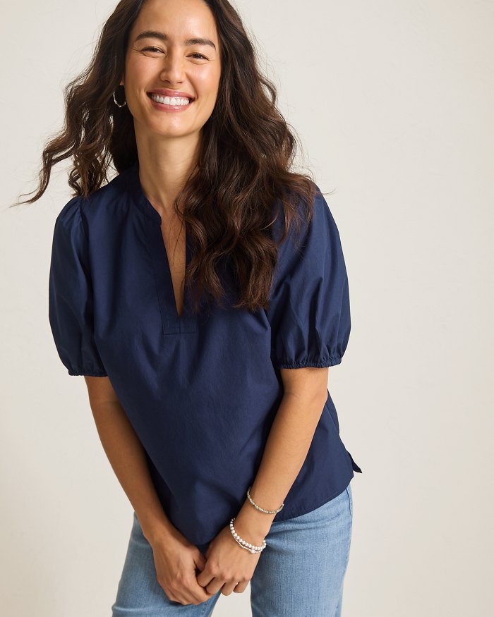 Oceana Isle Puff-Sleeve Split-Neck Top