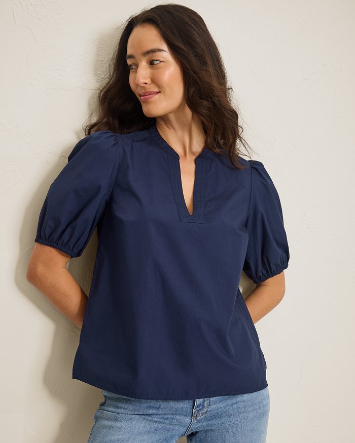 Oceana Isle Puff-Sleeve Split-Neck Top
