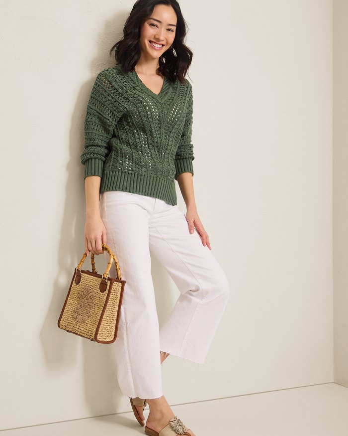 Beachy Cotton Open-Stitch V-Neck Sweater