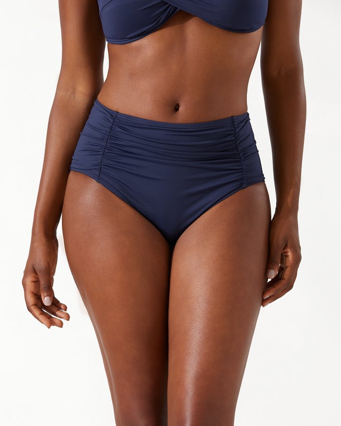 Pearl Shirred High-Waist Bikini Bottoms