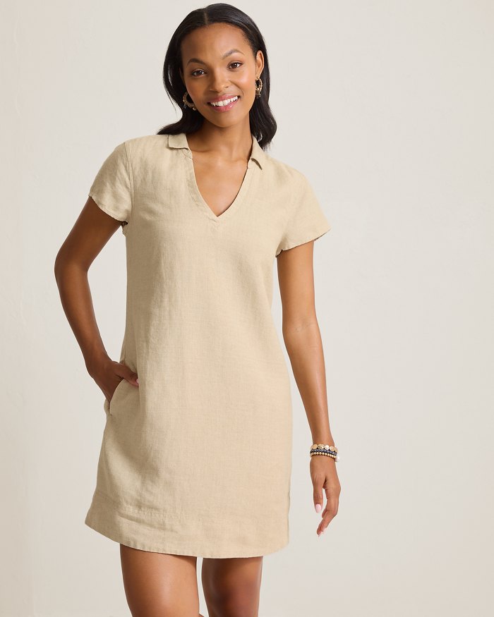 Two Palms Short-Sleeve Linen Collared Dress
