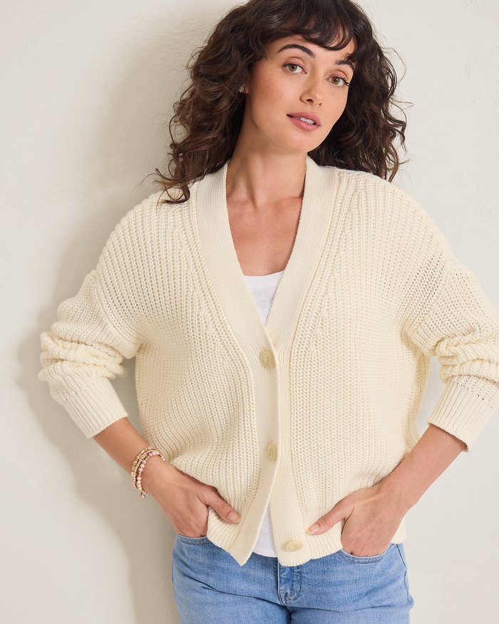 Zoe Cotton Shaker-Stitch Cardigan