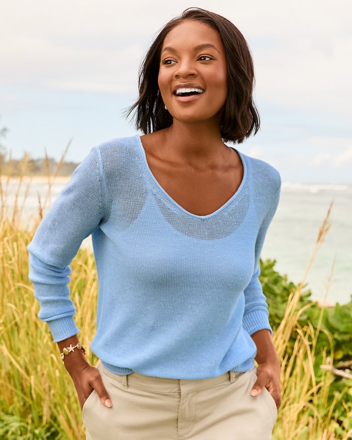 Cedar Linen Long-Sleeve V-Neck Sweater