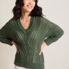 Beachy Cotton Open-Stitch V-Neck Sweater