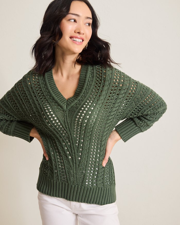 Beachy Cotton Open-Stitch V-Neck Sweater