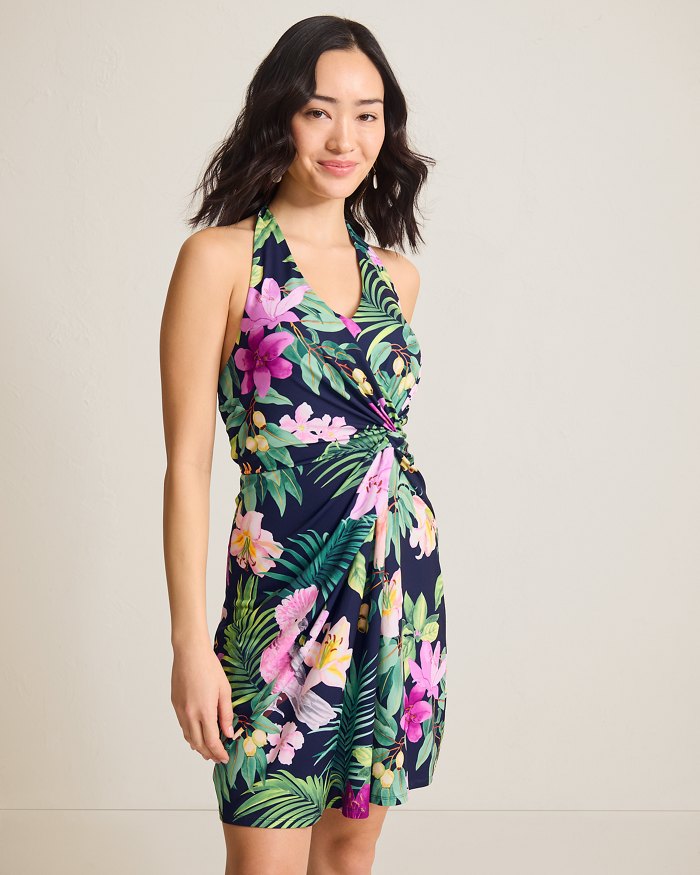 Sophia Tropical Bliss Faux-Wrap Halter Dress