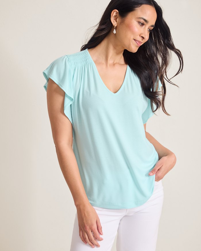 Kauai Smocked Flutter-Sleeve Top